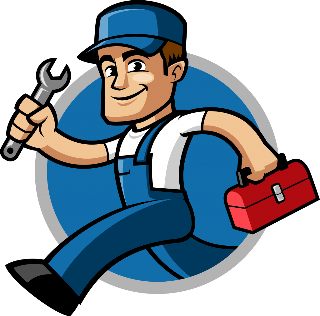 Cartoon of a handyman in a blue cap and blue overalls holding a red toolbox and wrench.